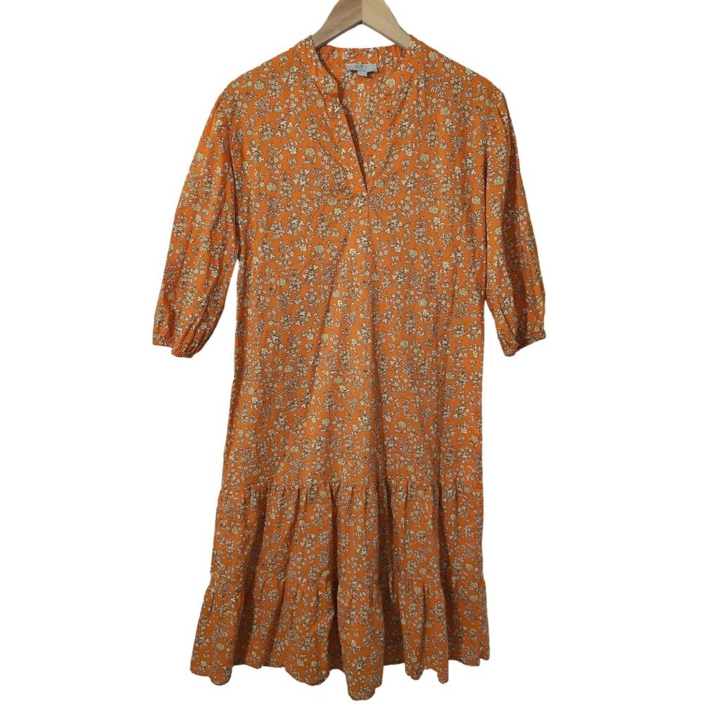 Loft Midi‎ Dress S Petite Orange Floral Cottagecore Prairie 3/4 Sleeve V-Neck